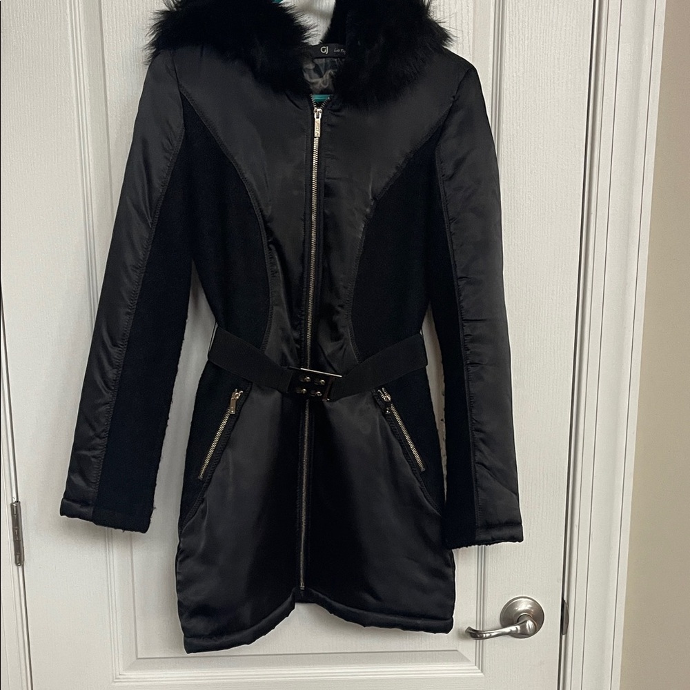 Black Faux Fur-Trimmed Women's Coat Size S